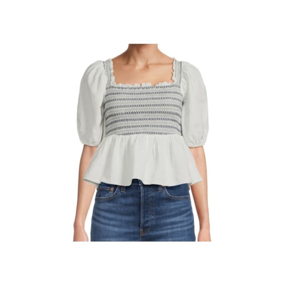 Something Navy Smocked Peplum Top Small White New Embroidered Puff Sleeve